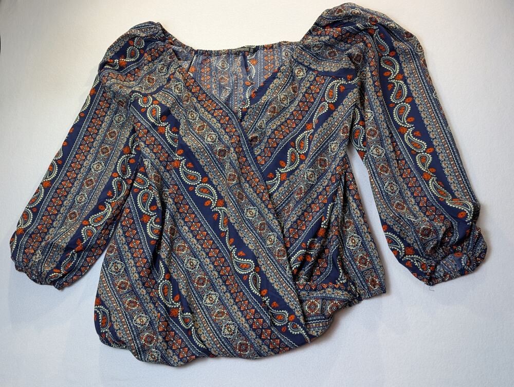 Bloomchic Bandana Striped Lantern Sleeve  Backless Wrap Blouse Size 12